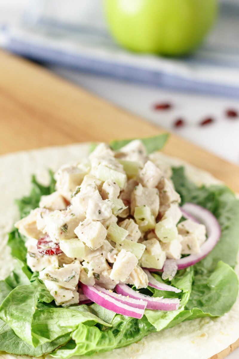close up of the chicken salad to show how it is cut into cubes