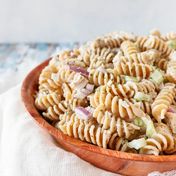 angled view of the pasta salad