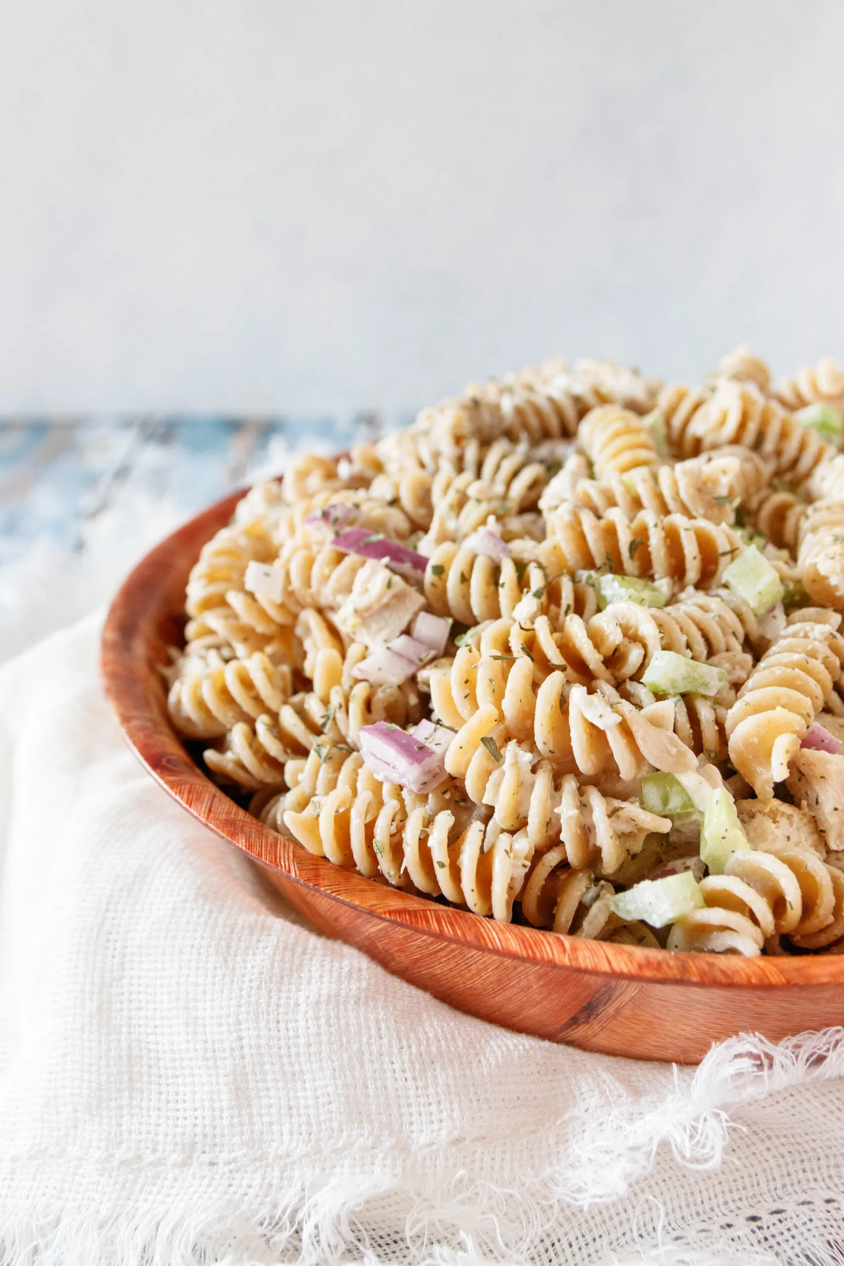 angled view of the pasta salad