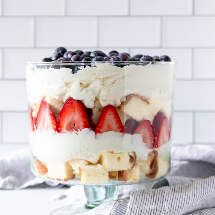 assembled summer berry trifle in a large trifle dish