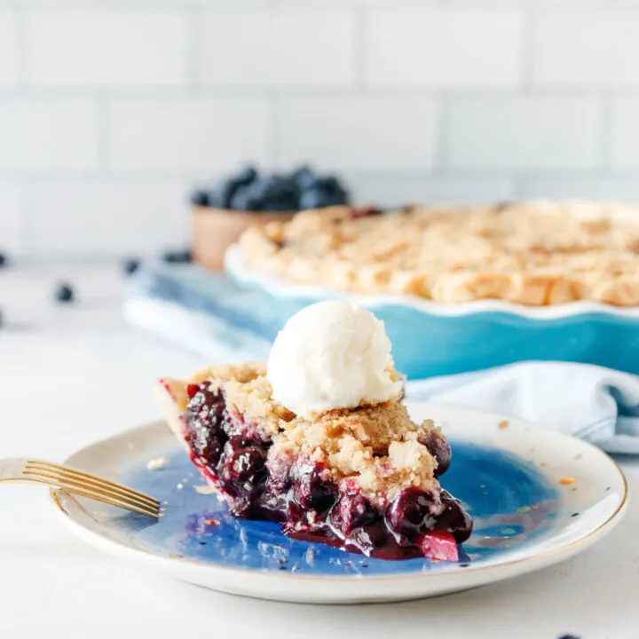 slice of blueberry pie on a plate with a scoop of vanilla ice cream on top