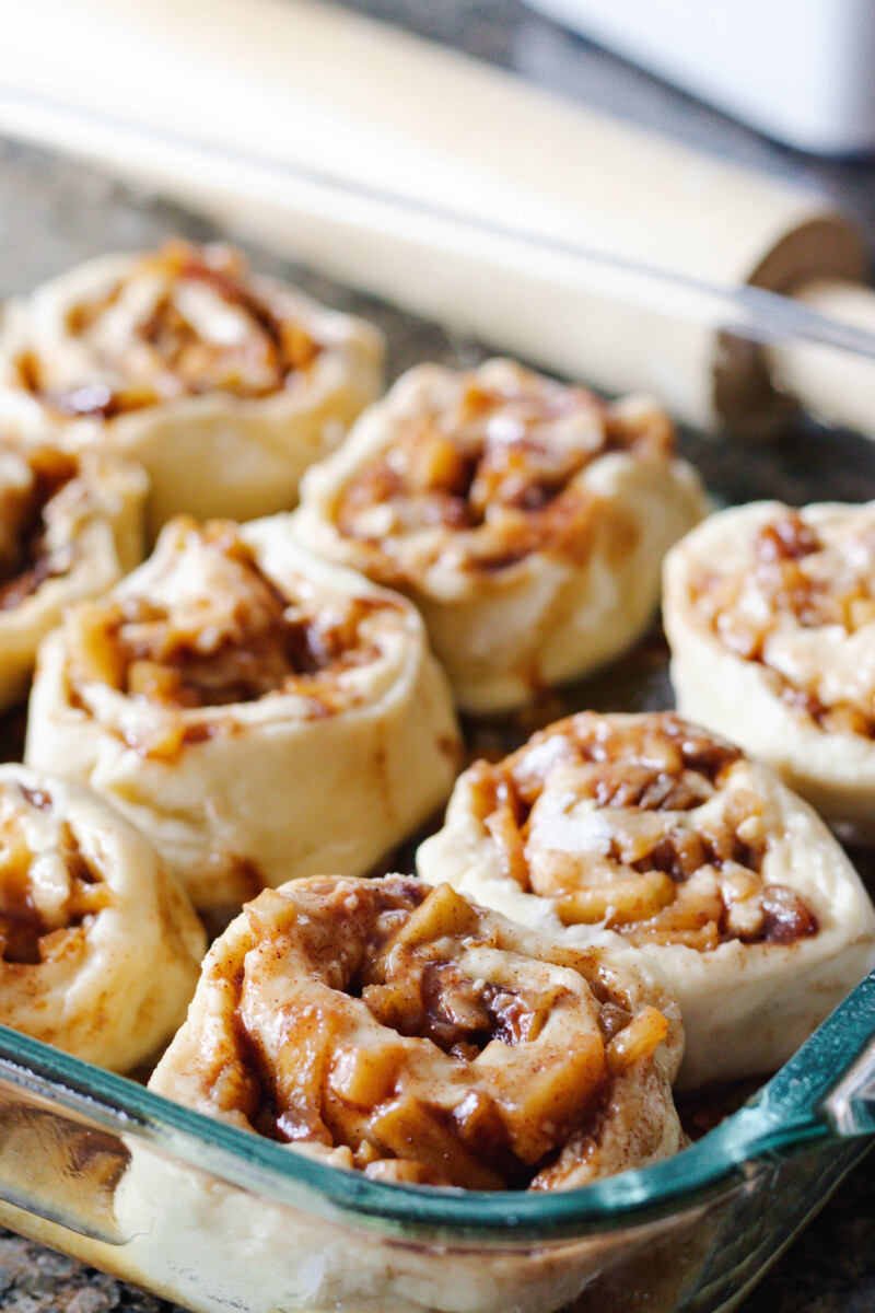 sticky buns filled and rolled, ready for baking!