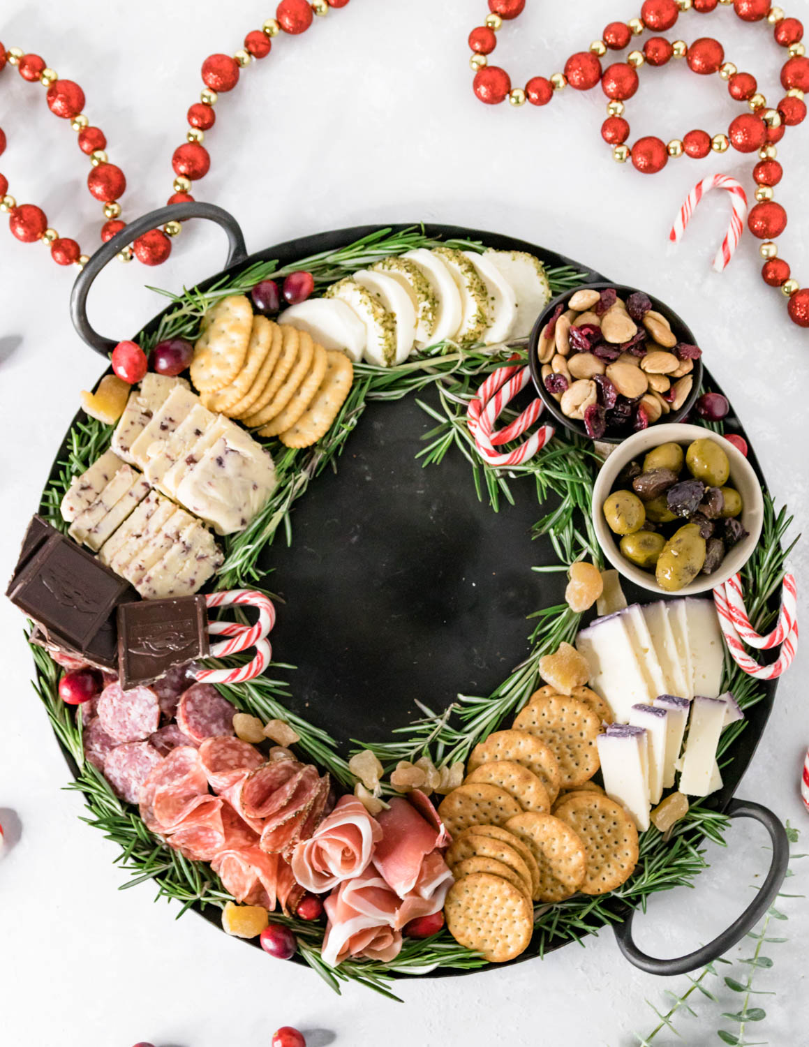 top view of the cheese board showing the wreath shape