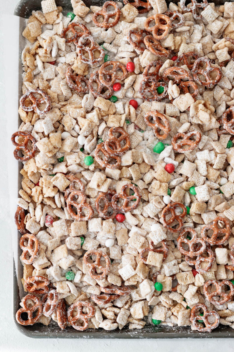 overhead view of the Reindeer munch snack mix on a baking sheet 