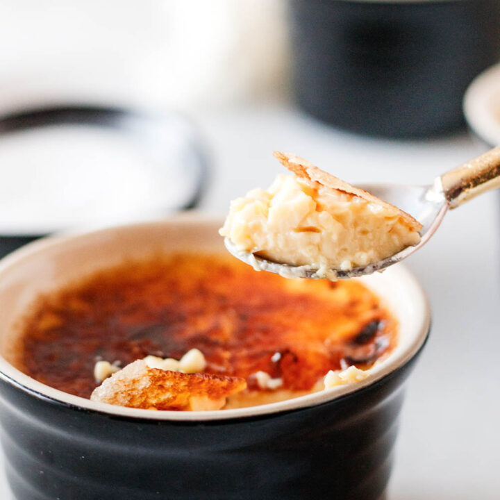 spoon lifting out of the creme brulee, ready to eat!