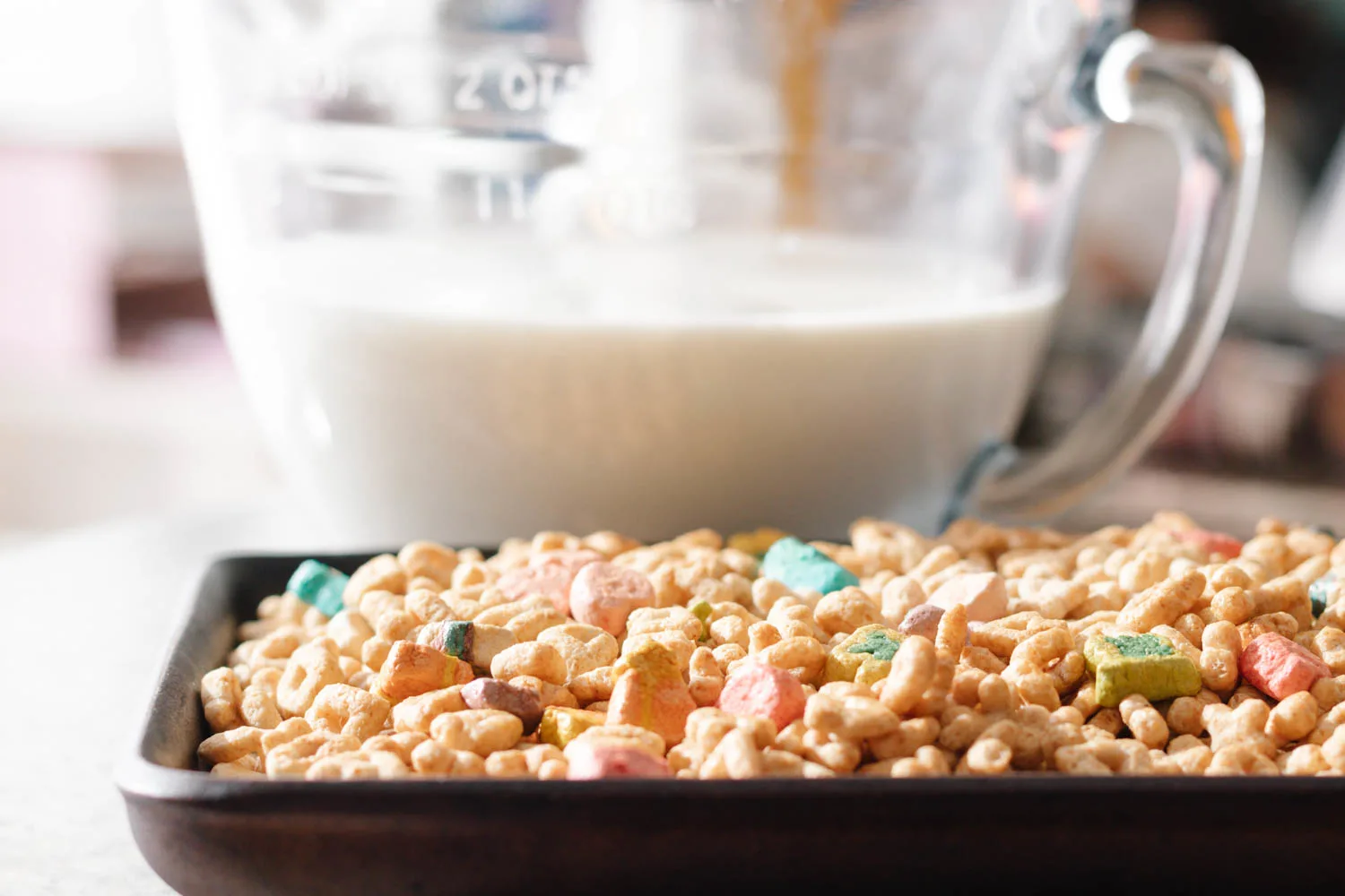 toasted lucky charms cereal ready to make cereal milk for the cake recipe