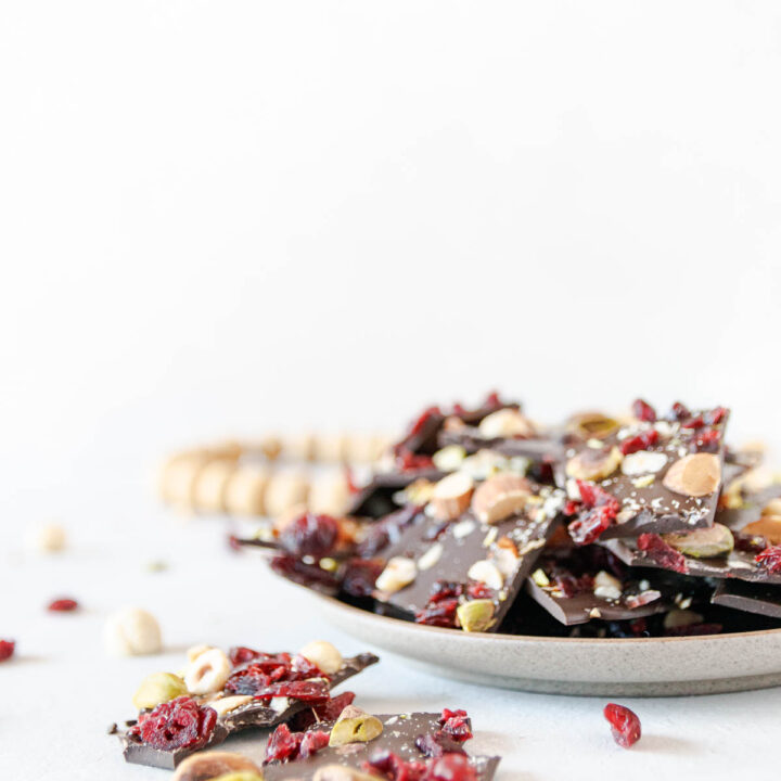 Dark Chocolate Almond Bark with Pistachios and Cranberries {Trail Mix Bark}