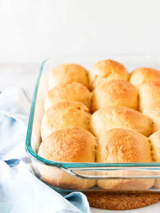 baked rolls in a glass dish