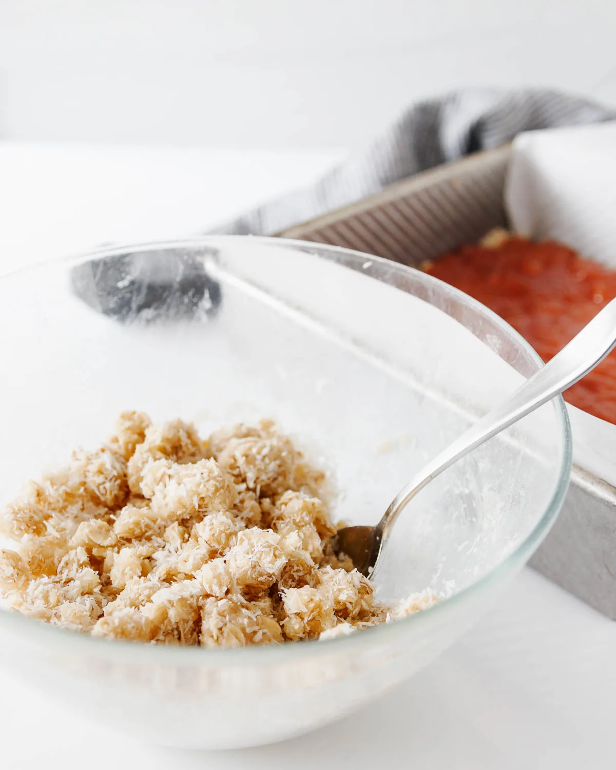 mixed coconut crumb topping in a bowl