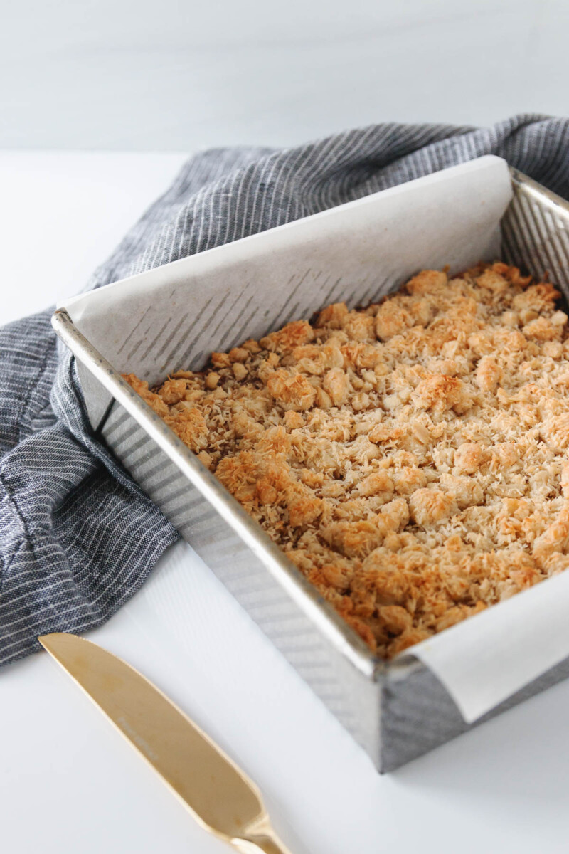 baked peach crumb bars fresh out of the oven