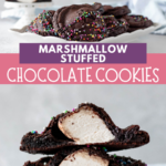 pin image with text for the marshmallow stuffed chocolate cookies