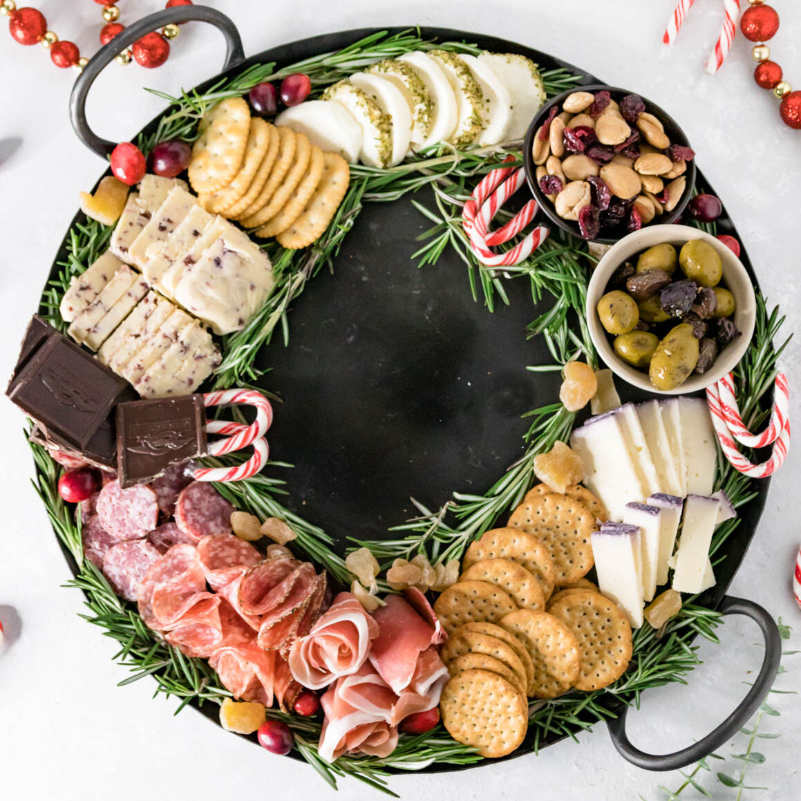 top view of the cheese board showing the wreath shape